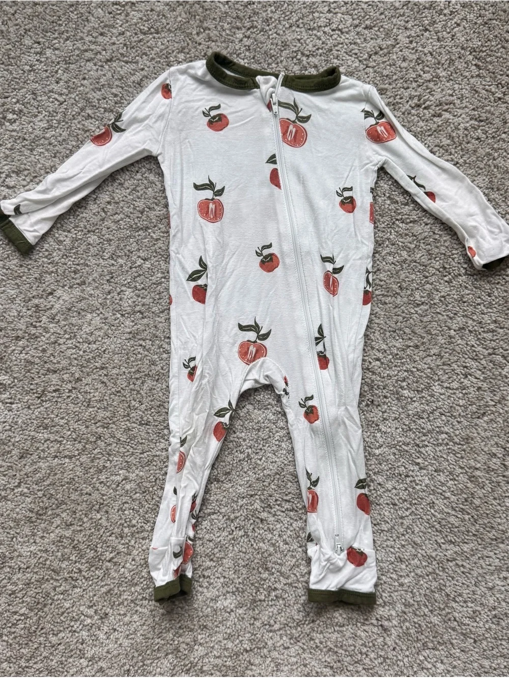 Kyte BABY White Footed Zipper Romper with Red Apple Print and Olive Trim